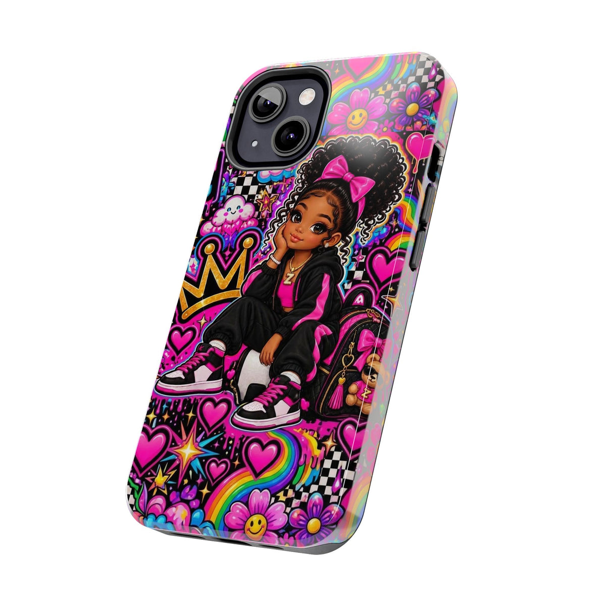 Cute Black Girl Phone Case Pink Crowned Girl, Hearts & Rainbow Tough Case