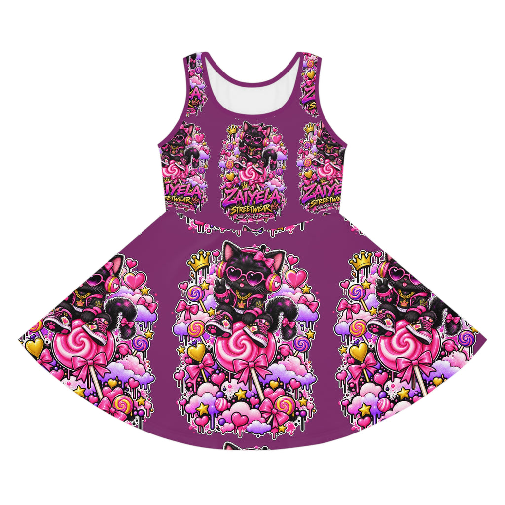 Girls' Purple Cat Candy Print Sundress — 'Zayela Streetwear' All-Over-Print
