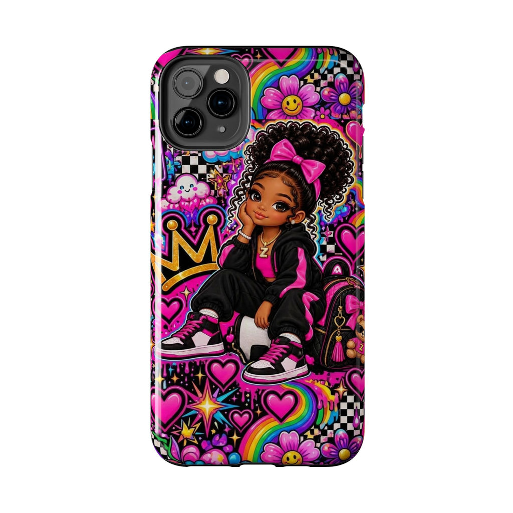 Cute Black Girl Phone Case Pink Crowned Girl, Hearts & Rainbow Tough Case