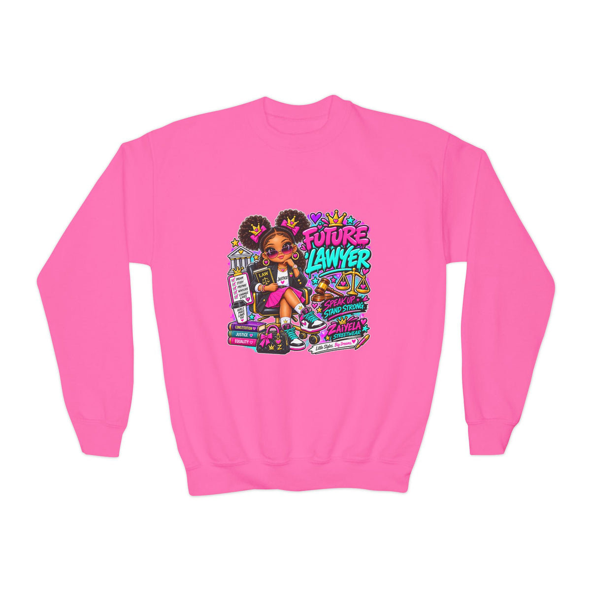 Future Lawyer Youth Crewneck Sweatshirt — Colorful Aspiring Lawyer Graphic