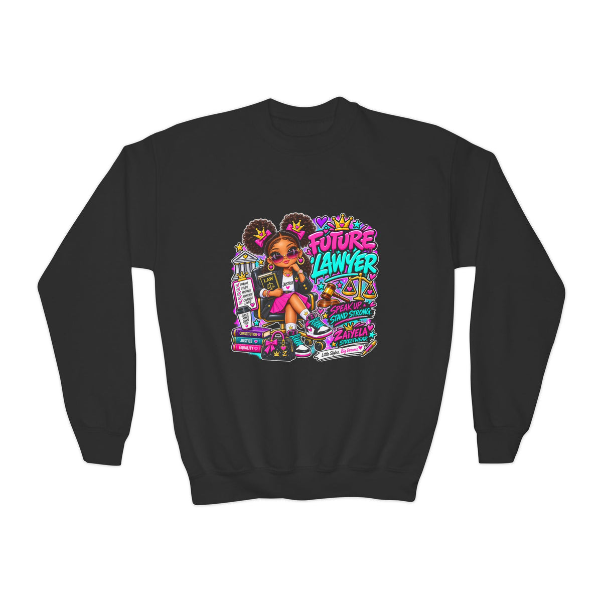 Future Lawyer Youth Crewneck Sweatshirt — Colorful Aspiring Lawyer Graphic