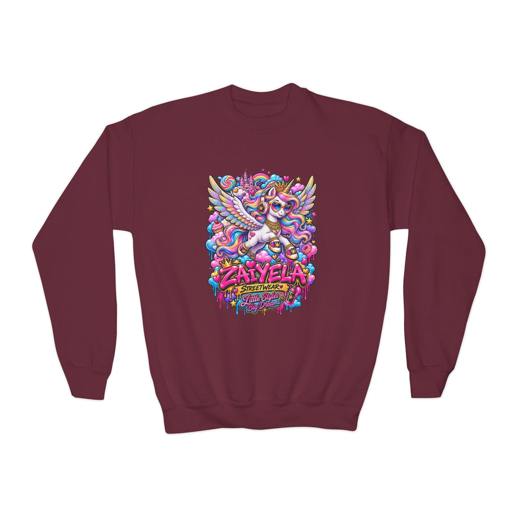Youth Crewneck Sweatshirt — Colorful Cartoon Pegasus Design