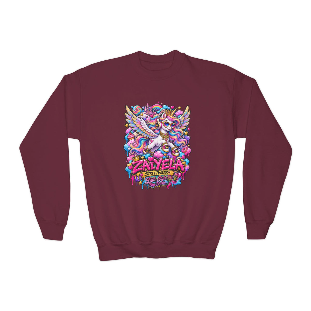 Youth Crewneck Sweatshirt — Colorful Cartoon Pegasus Design