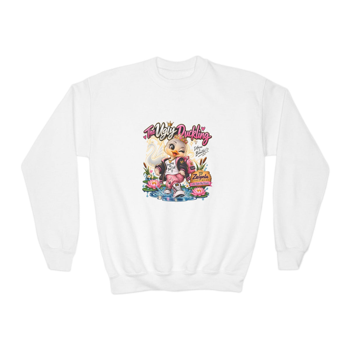 Youth Crewneck Sweatshirt Different Is Beautiful Cute Duck Graphic