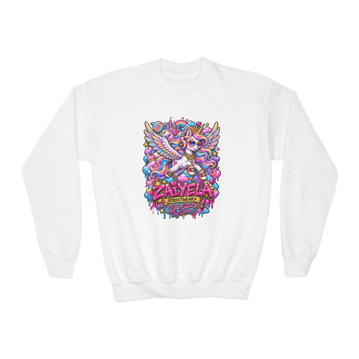 Youth Crewneck Sweatshirt — Colorful Cartoon Pegasus Design