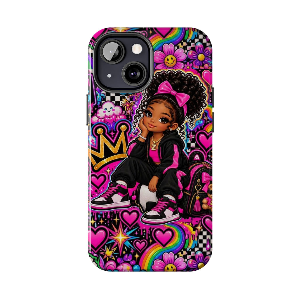 Cute Black Girl Phone Case Pink Crowned Girl, Hearts & Rainbow Tough Case