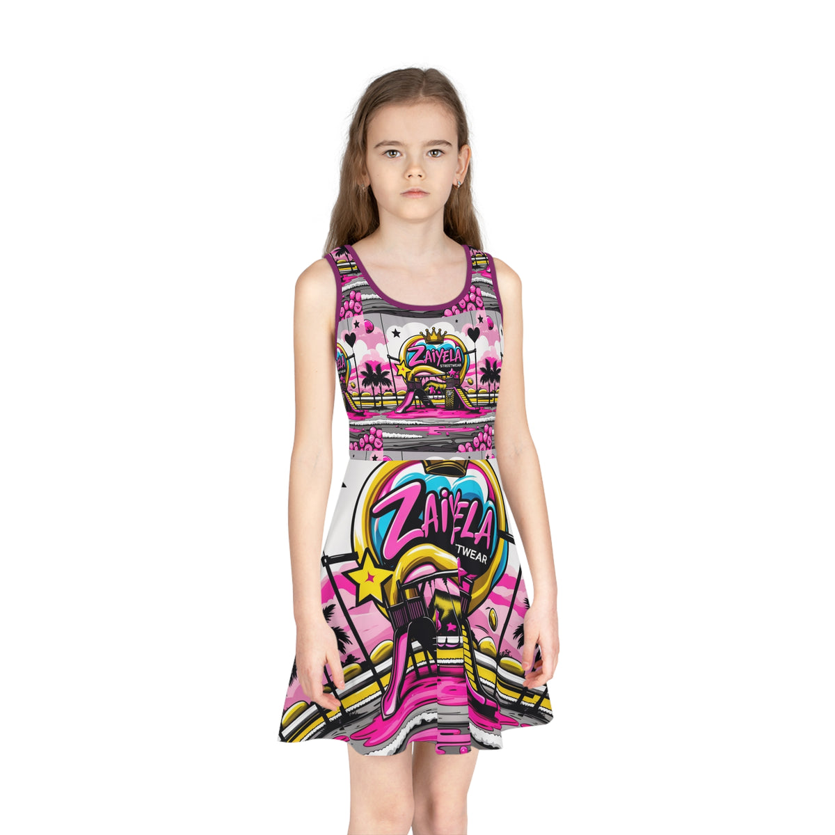 Girls' Pink Beach Playground Sundress — 'Zaiyela Streetwear' All-Over Print