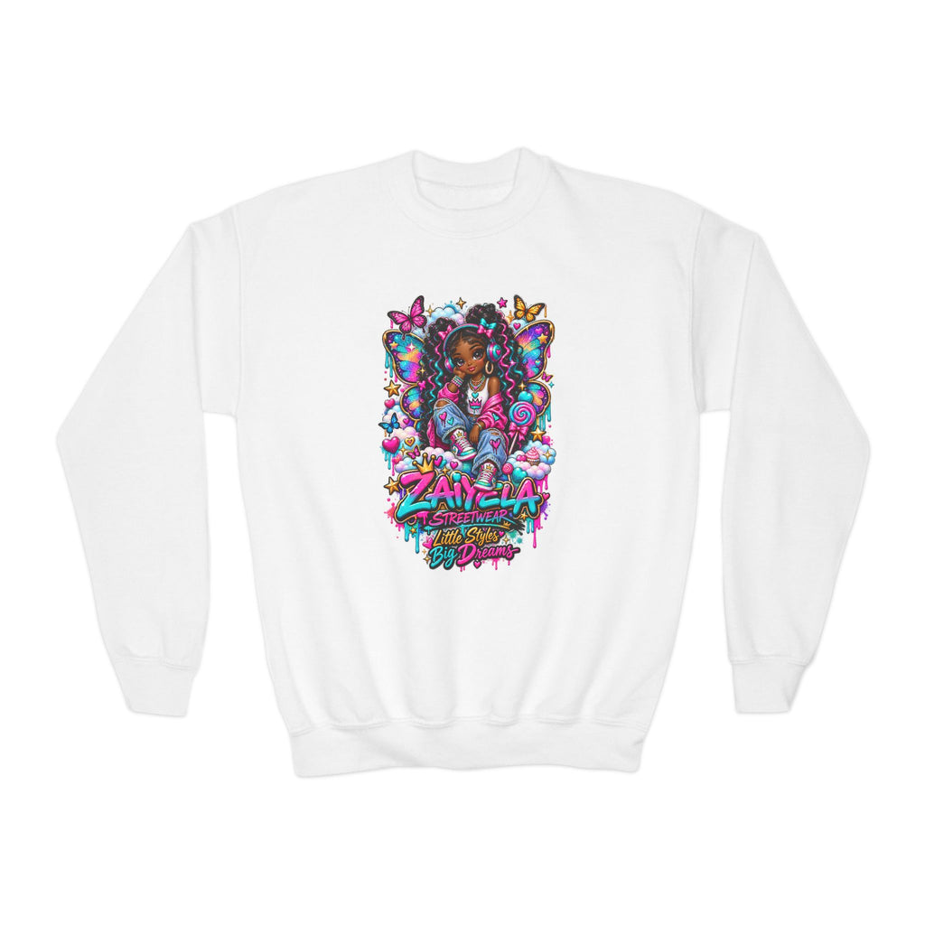 Youth Crewneck Sweatshirt — Colorful Butterfly Girl Graphic Sweatshirt for Kids