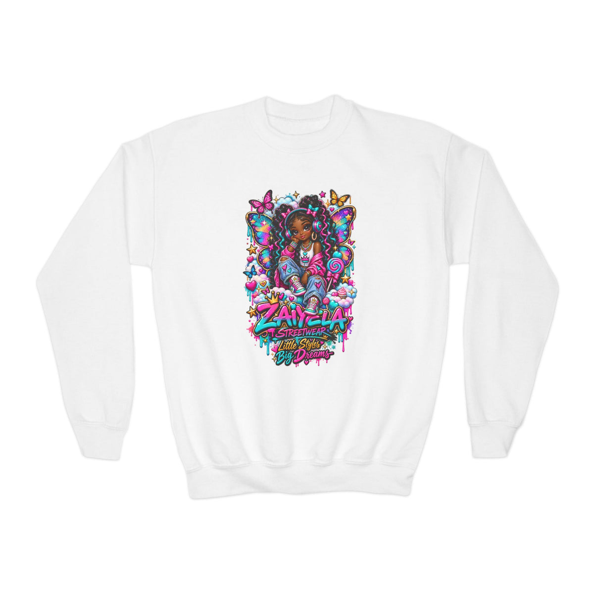 Youth Crewneck Sweatshirt — Colorful Butterfly Girl Graphic Sweatshirt for Kids