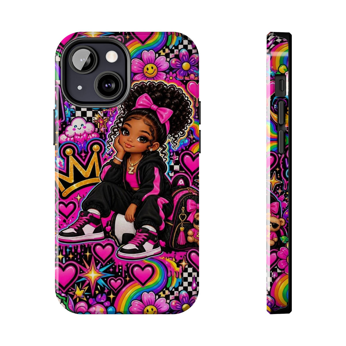 Cute Black Girl Phone Case Pink Crowned Girl, Hearts & Rainbow Tough Case