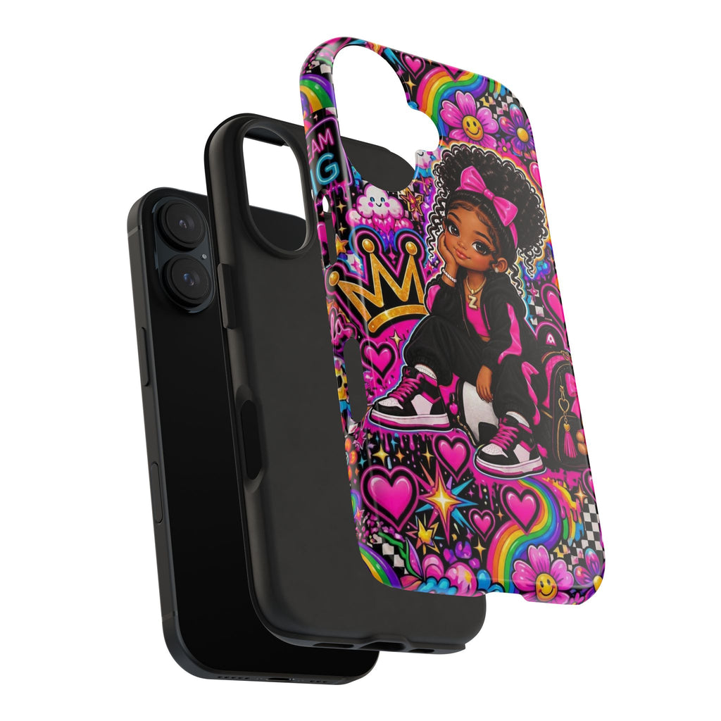 Cute Black Girl Phone Case Pink Crowned Girl, Hearts & Rainbow Tough Case