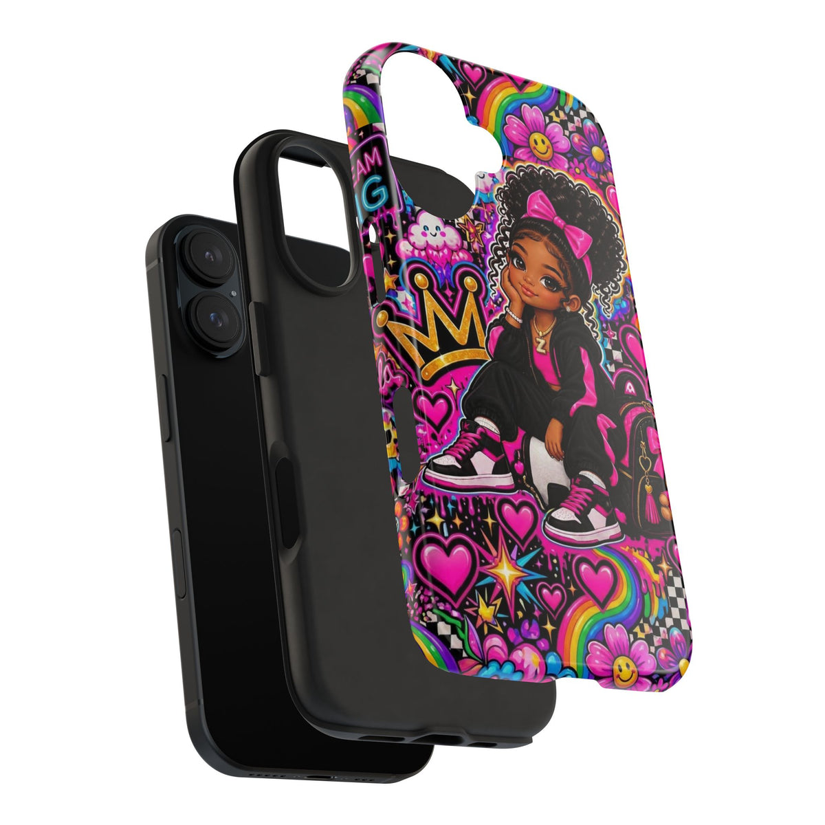 Cute Black Girl Phone Case Pink Crowned Girl, Hearts & Rainbow Tough Case
