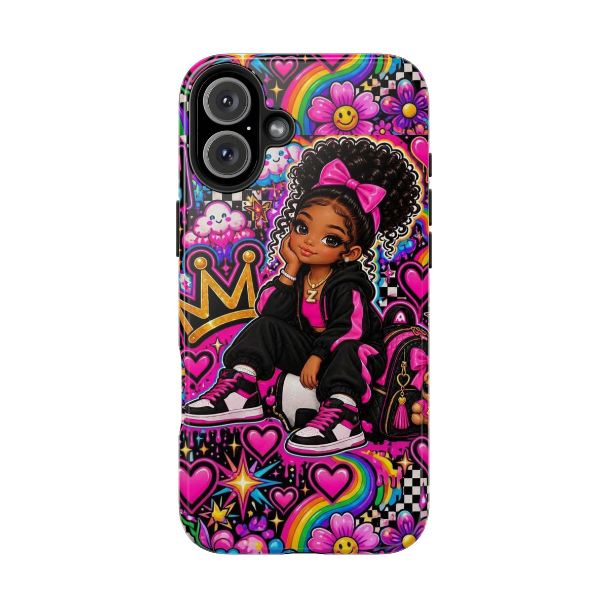 Cute Black Girl Phone Case Pink Crowned Girl, Hearts & Rainbow Tough Case