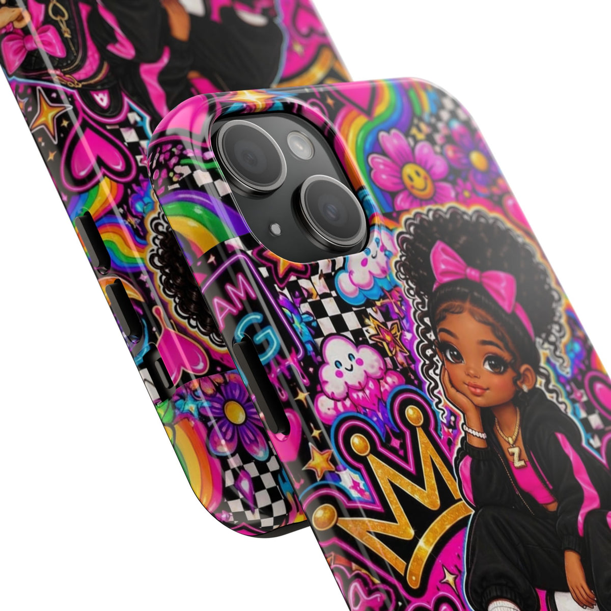 Cute Black Girl Phone Case Pink Crowned Girl, Hearts & Rainbow Tough Case