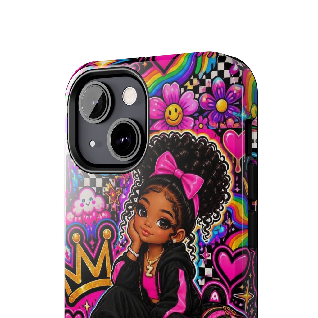 Cute Black Girl Phone Case Pink Crowned Girl, Hearts & Rainbow Tough Case