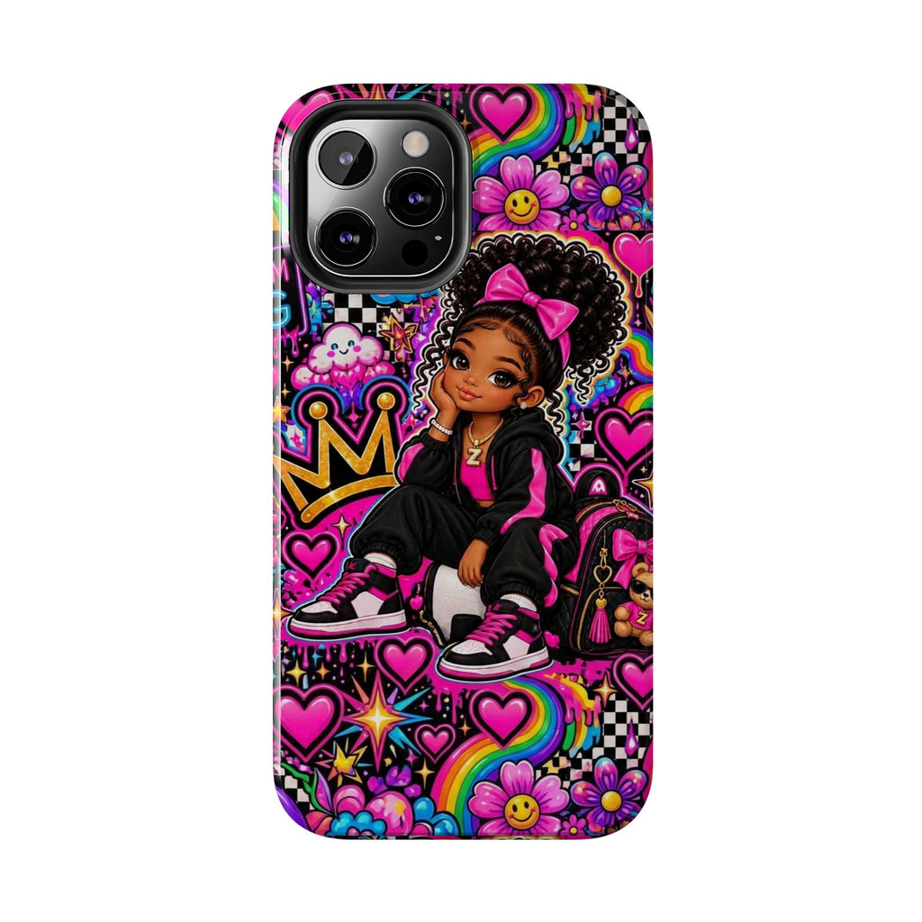 Cute Black Girl Phone Case Pink Crowned Girl, Hearts & Rainbow Tough Case