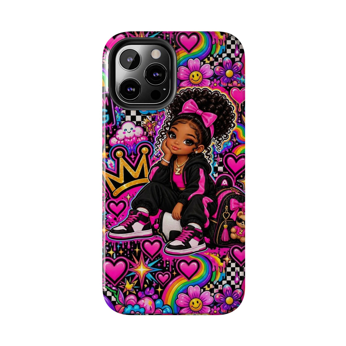 Cute Black Girl Phone Case Pink Crowned Girl, Hearts & Rainbow Tough Case