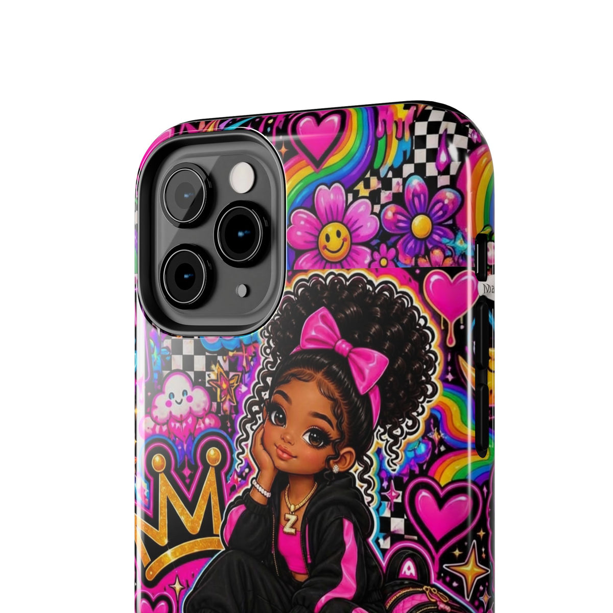 Cute Black Girl Phone Case Pink Crowned Girl, Hearts & Rainbow Tough Case