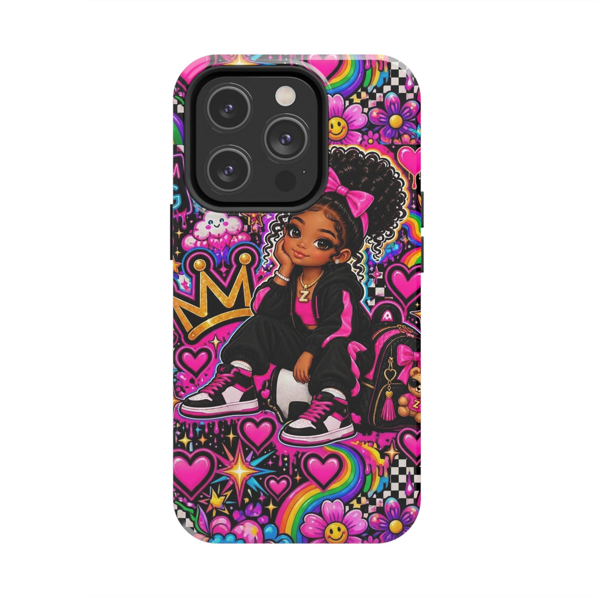 Cute Black Girl Phone Case Pink Crowned Girl, Hearts & Rainbow Tough Case