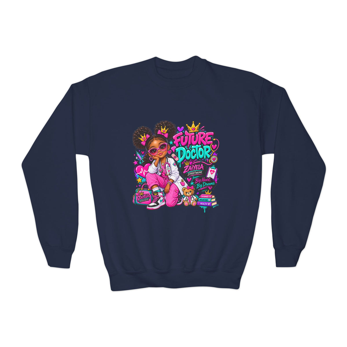 Youth Sweatshirt — "Future Doctor" Pink Graphic Crewneck Big Heart, Big Dreams