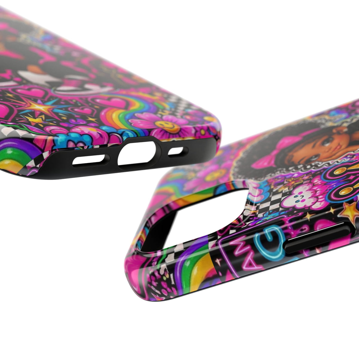 Cute Black Girl Phone Case Pink Crowned Girl, Hearts & Rainbow Tough Case