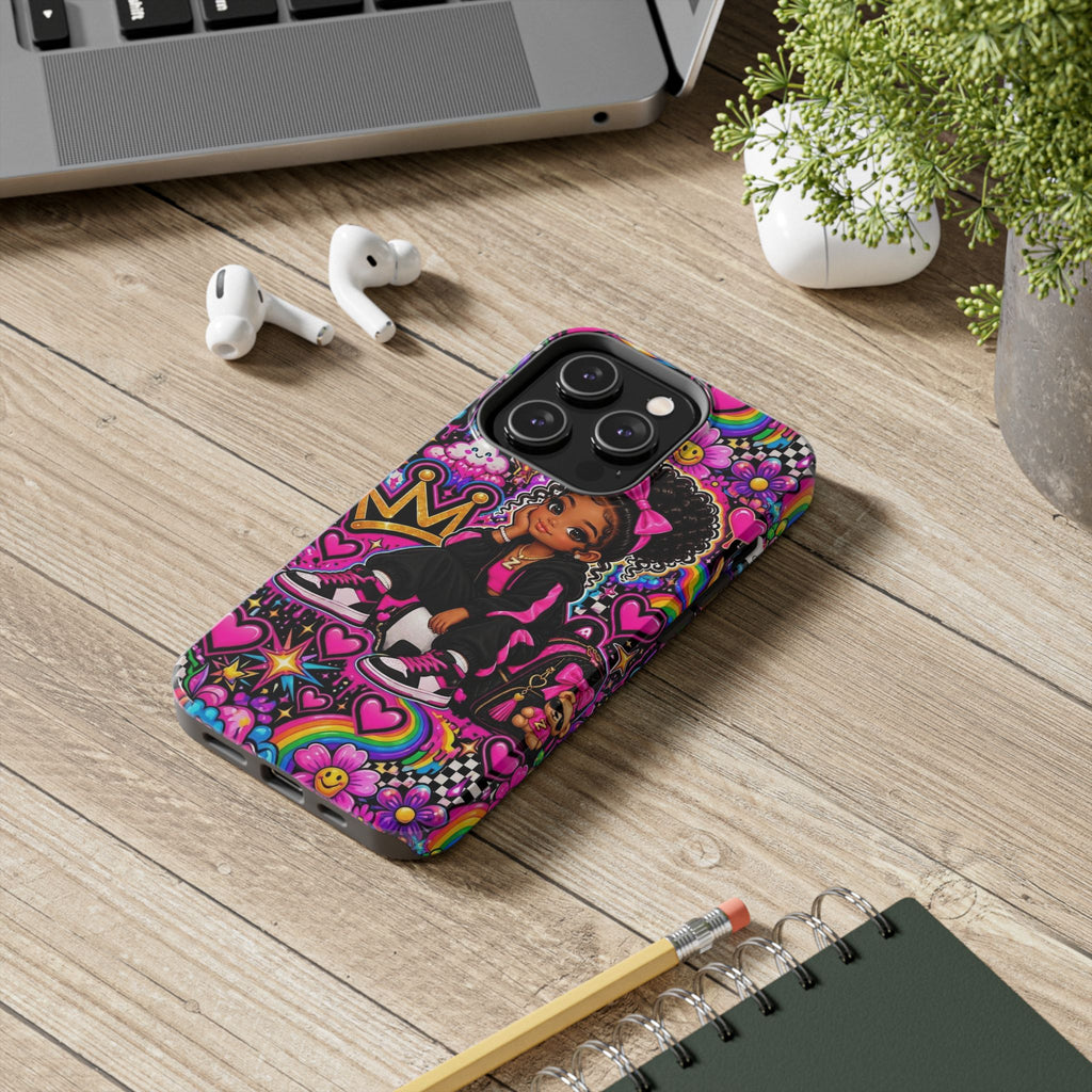 Cute Black Girl Phone Case Pink Crowned Girl, Hearts & Rainbow Tough Case