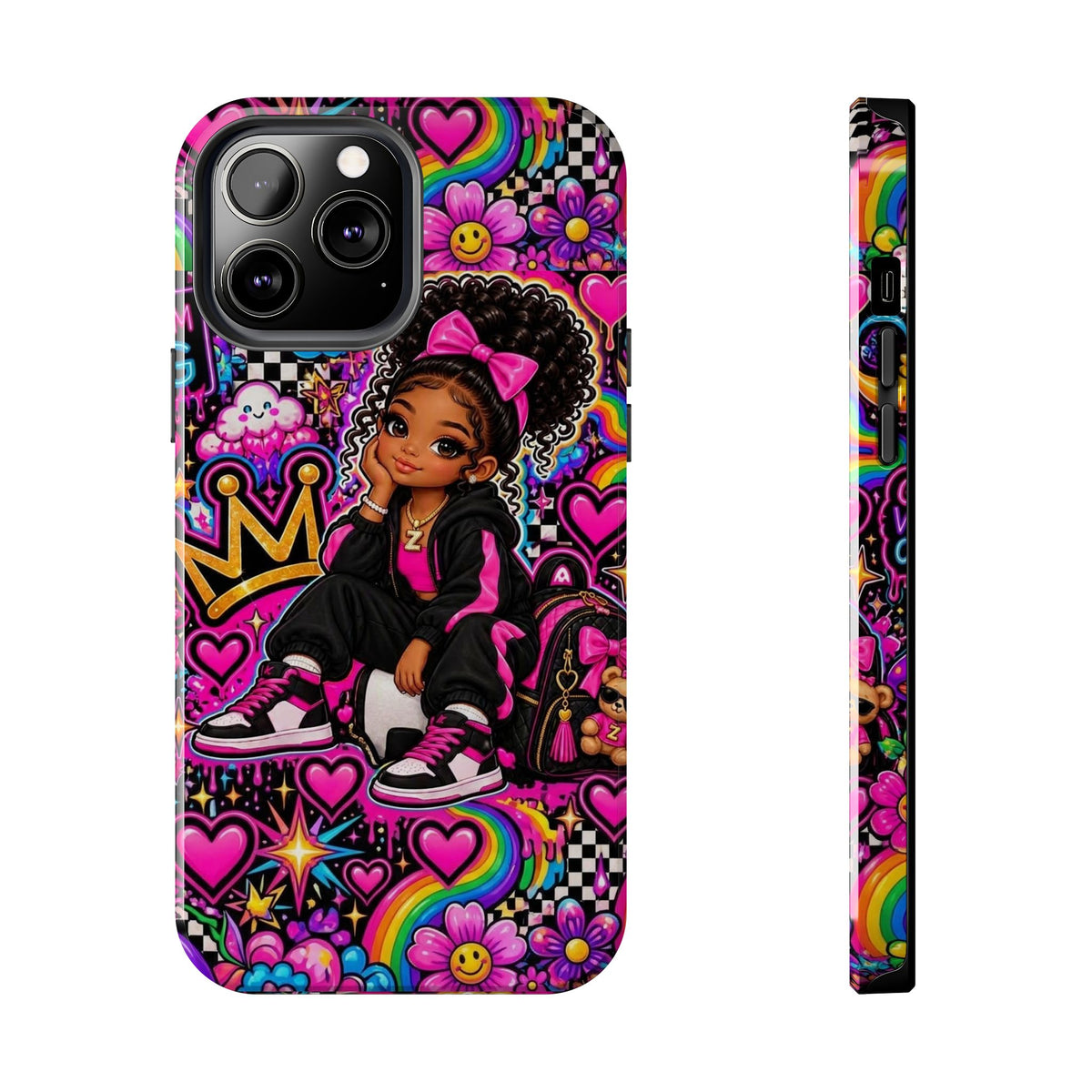 Cute Black Girl Phone Case Pink Crowned Girl, Hearts & Rainbow Tough Case