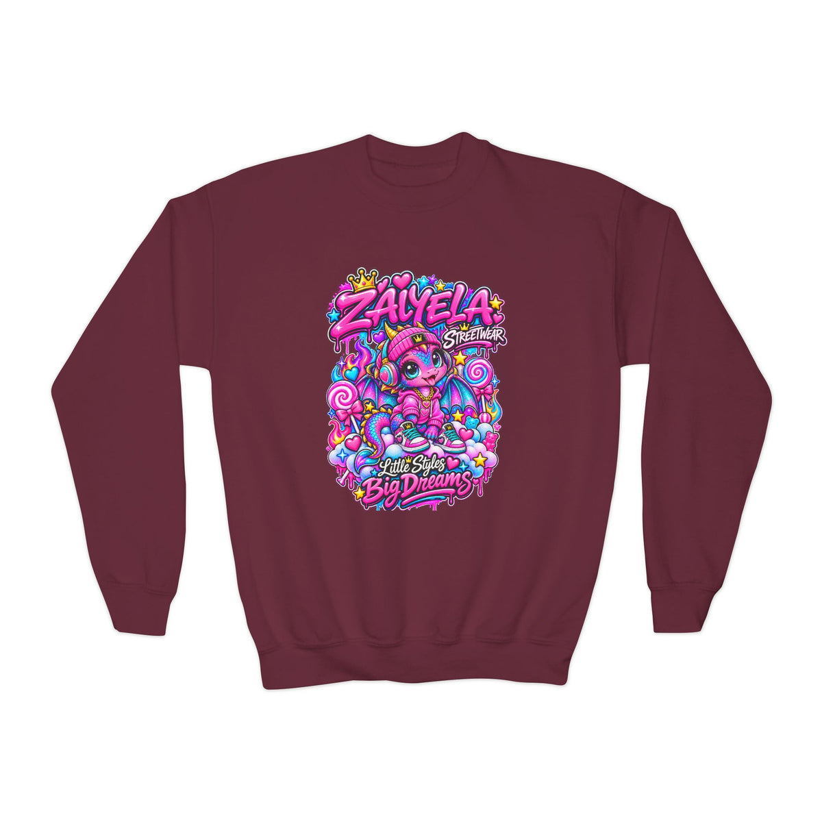 Youth Crewneck Sweatshirt — Colorful Kawaii 'Zalyela' Big Dreams Graphic