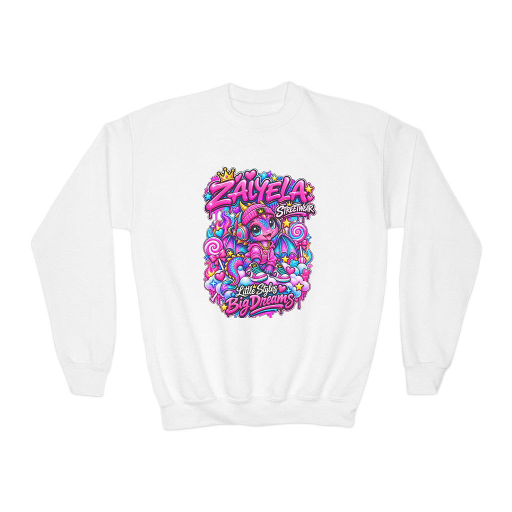 Youth Crewneck Sweatshirt — Colorful Kawaii 'Zalyela' Big Dreams Graphic