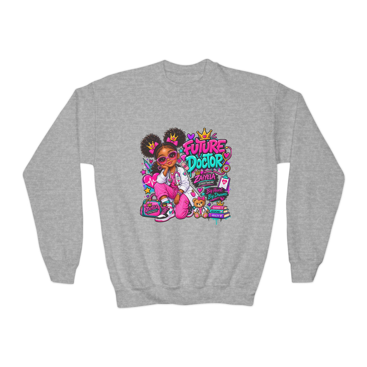 Youth Sweatshirt — "Future Doctor" Pink Graphic Crewneck Big Heart, Big Dreams