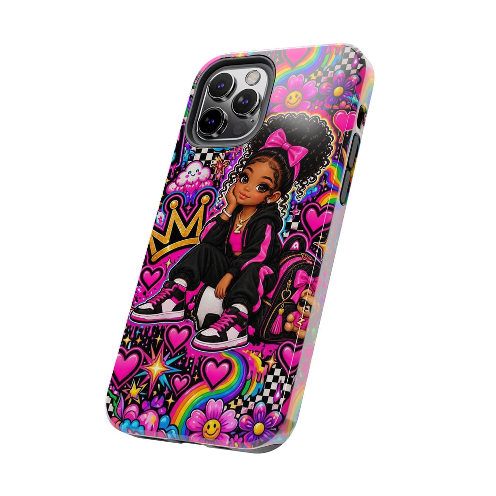 Cute Black Girl Phone Case Pink Crowned Girl, Hearts & Rainbow Tough Case