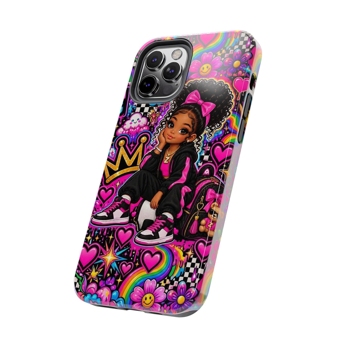 Cute Black Girl Phone Case Pink Crowned Girl, Hearts & Rainbow Tough Case