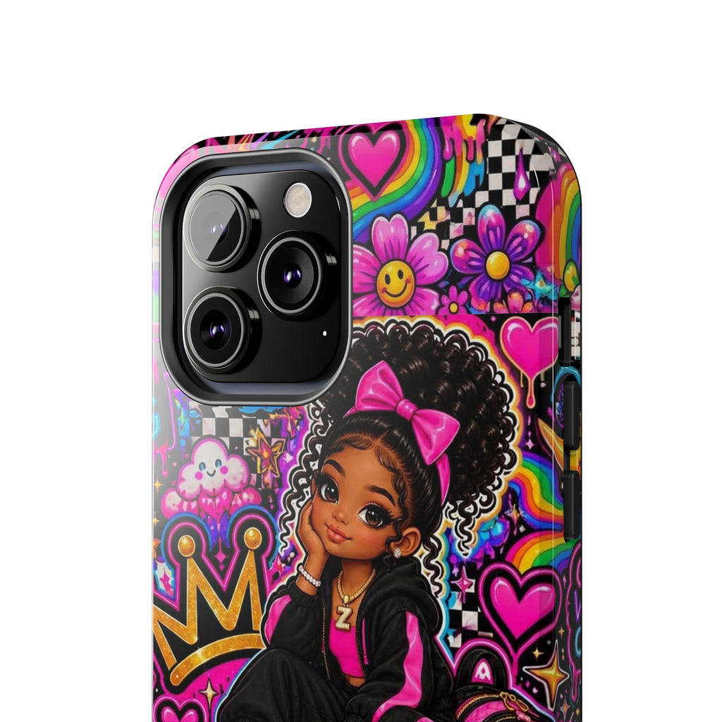 Cute Black Girl Phone Case Pink Crowned Girl, Hearts & Rainbow Tough Case