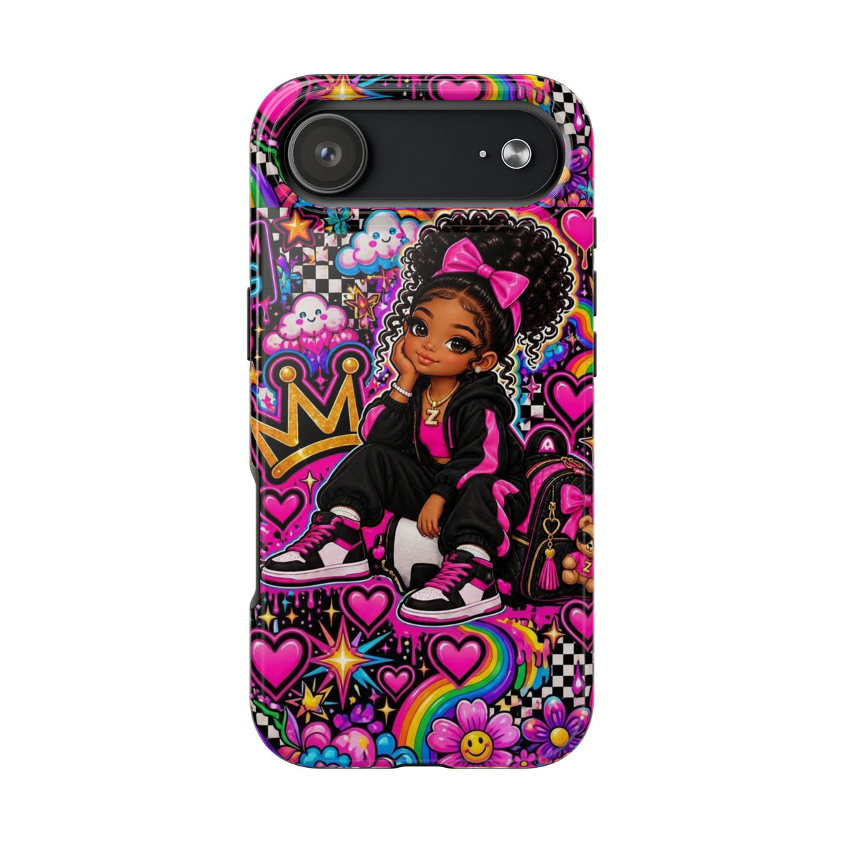 Cute Black Girl Phone Case Pink Crowned Girl, Hearts & Rainbow Tough Case