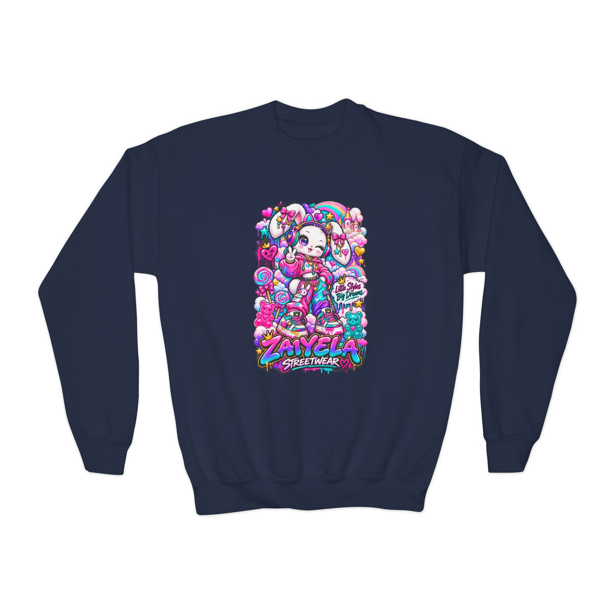 Youth Crewneck Sweatshirt — Colorful Bunny Candy Dream Graphic