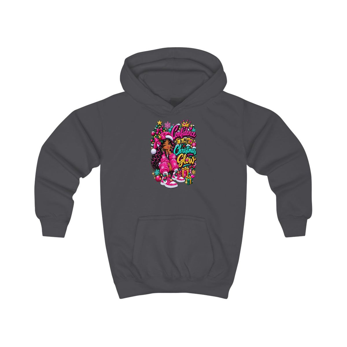 Kids Hoodie Confidence Is My Christmas Glow  Colorful Holiday Graphic Pullover