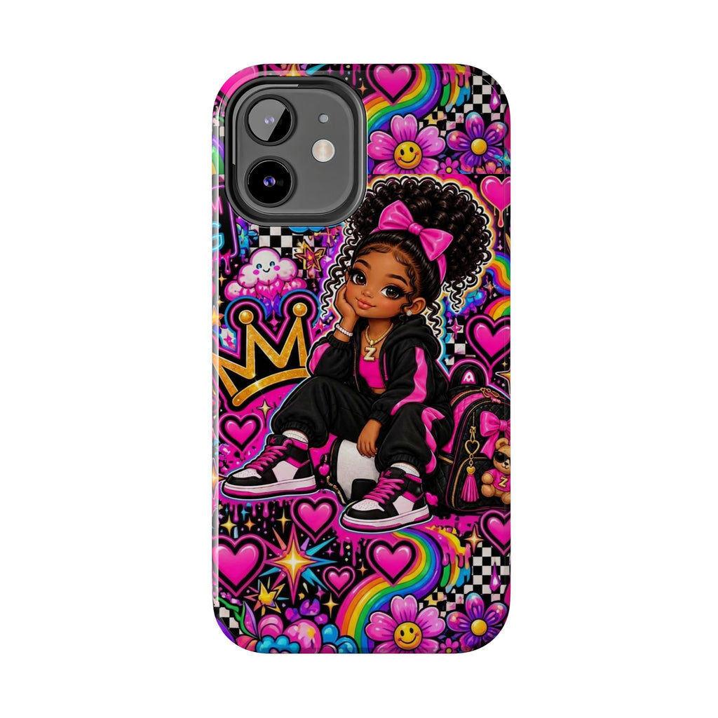 Cute Black Girl Phone Case Pink Crowned Girl, Hearts & Rainbow Tough Case