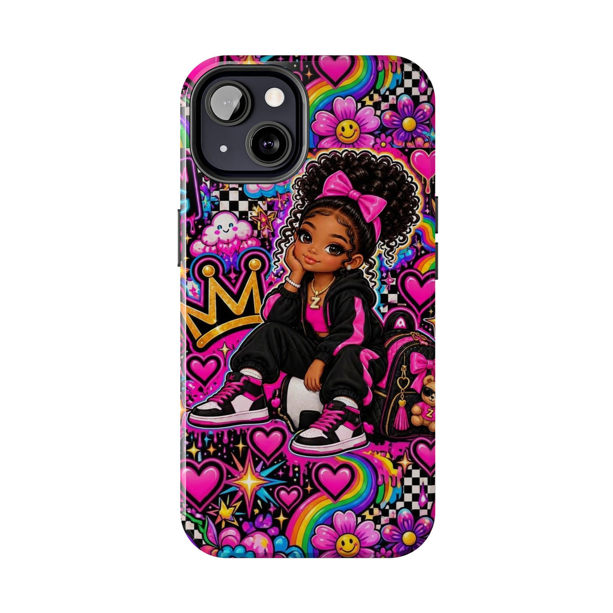 Cute Black Girl Phone Case Pink Crowned Girl, Hearts & Rainbow Tough Case