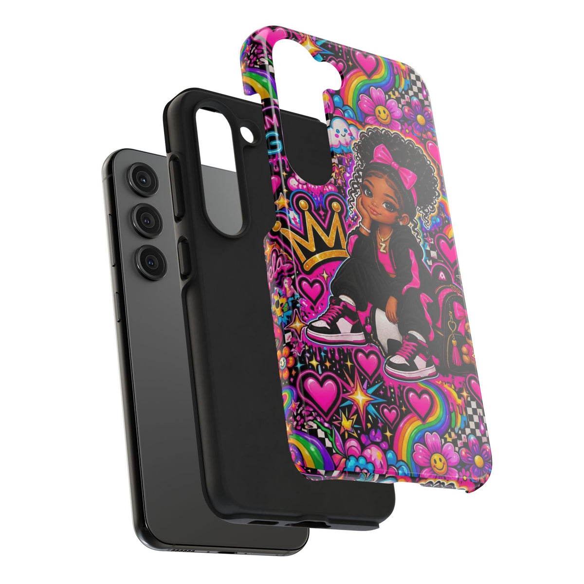 Cute Black Girl Phone Case Pink Crowned Girl, Hearts & Rainbow Tough Case