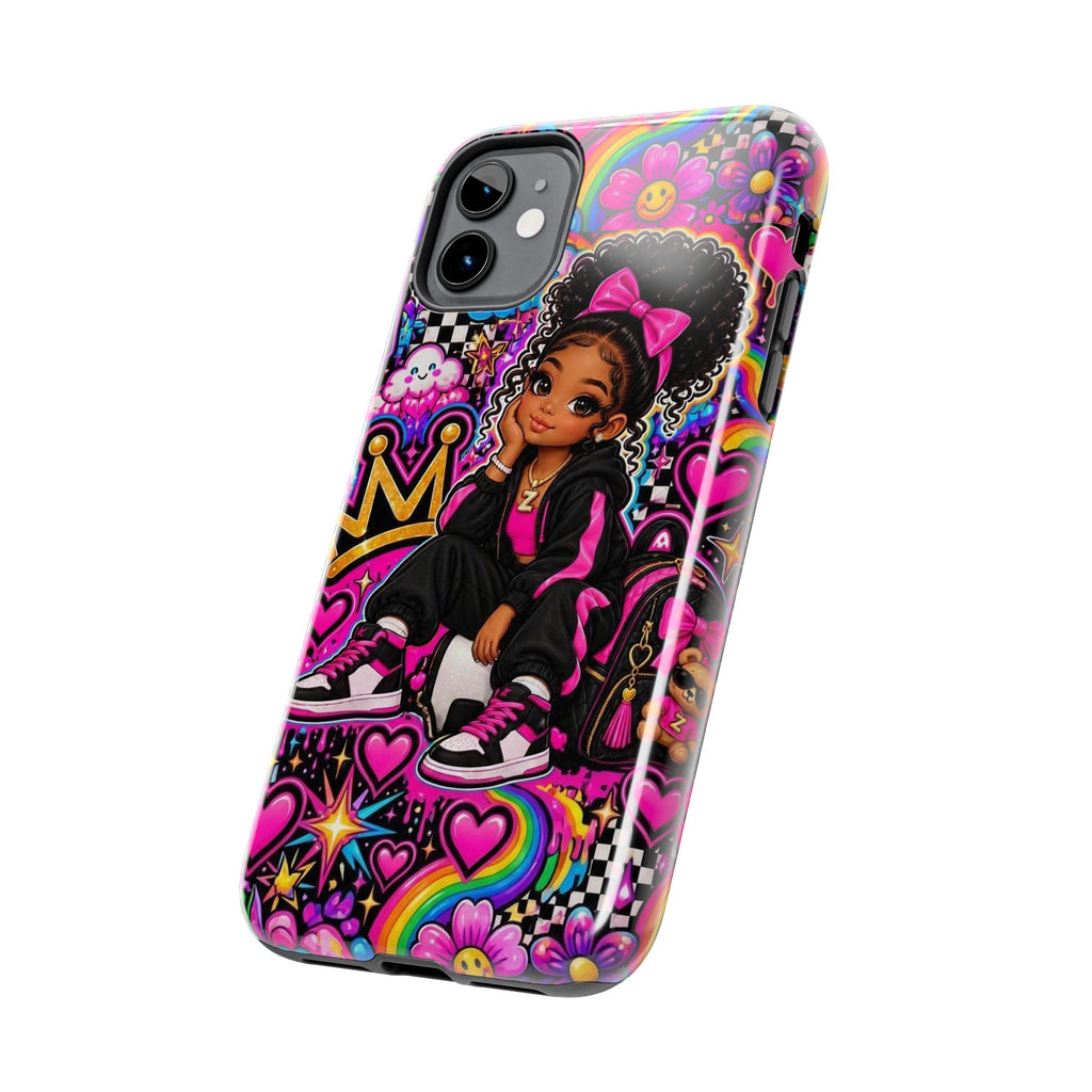 Cute Black Girl Phone Case Pink Crowned Girl, Hearts & Rainbow Tough Case