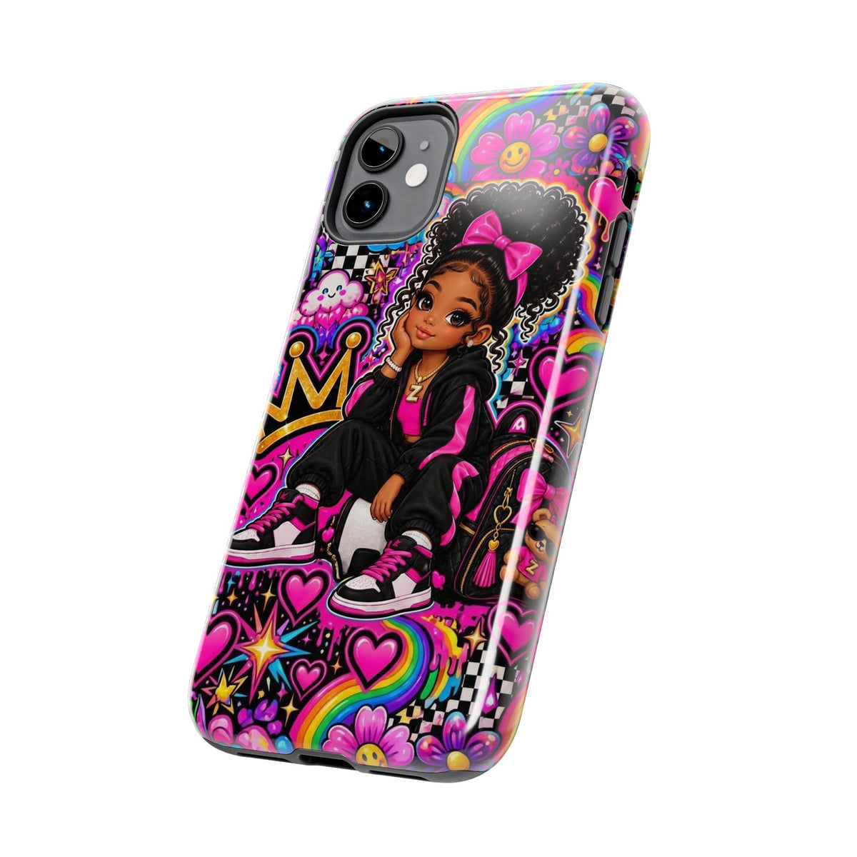 Cute Black Girl Phone Case Pink Crowned Girl, Hearts & Rainbow Tough Case