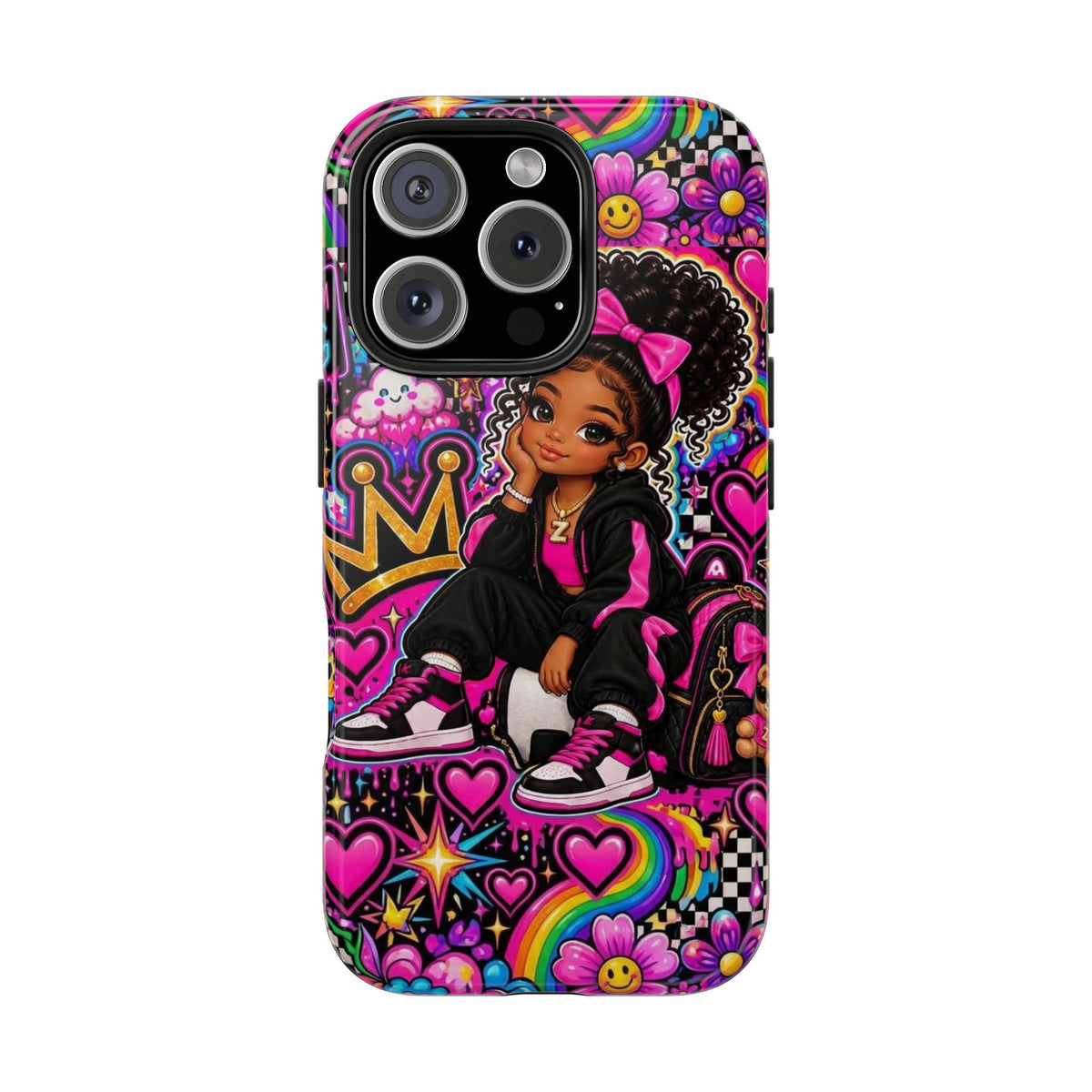 Cute Black Girl Phone Case Pink Crowned Girl, Hearts & Rainbow Tough Case