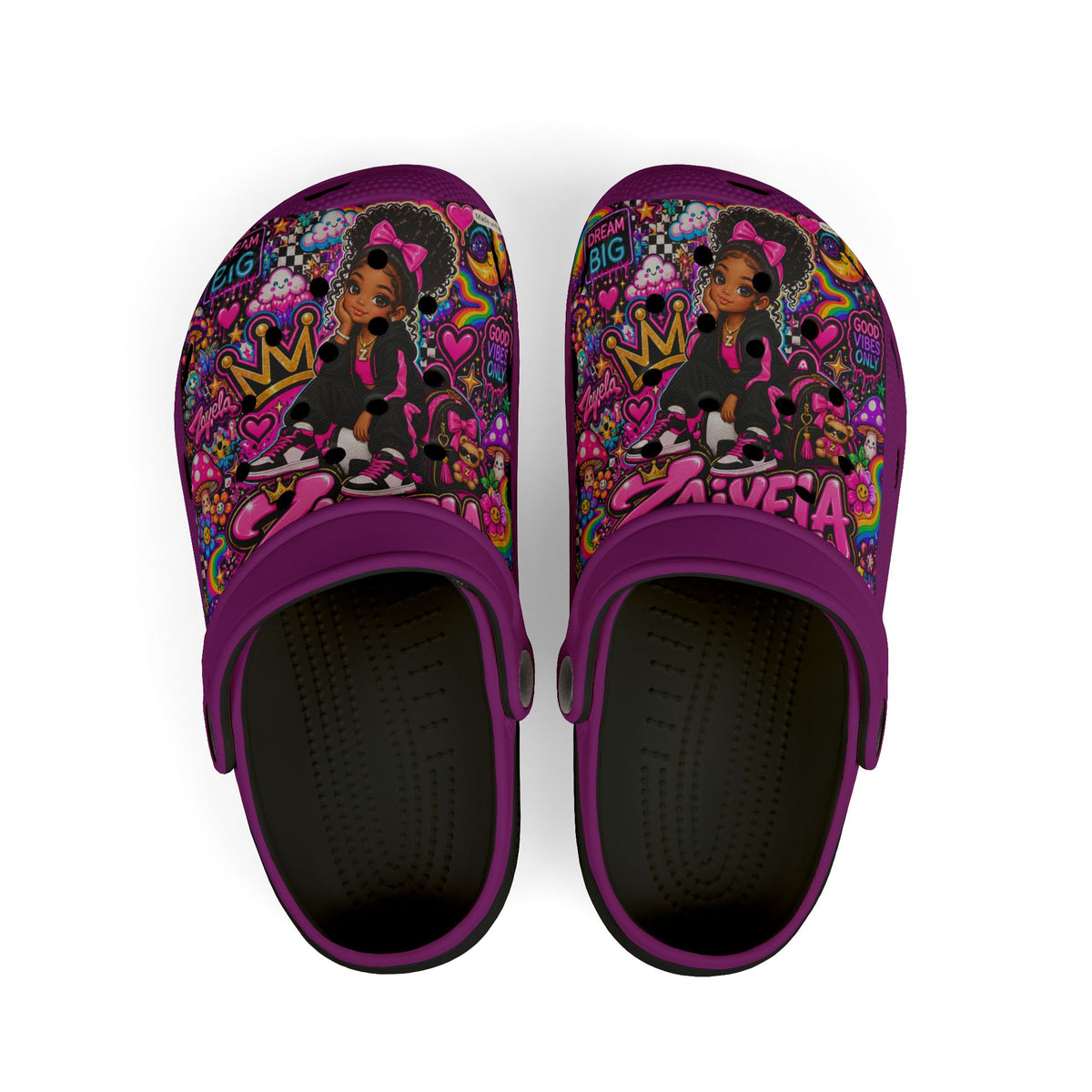Girls' Purple Princess EVA Foam Clogs — Cute Cartoon Hearts & Crown All-Over Print