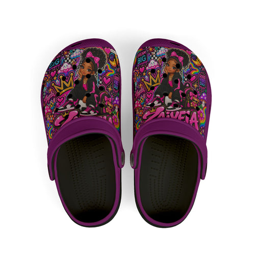 Girls' Purple Princess EVA Foam Clogs — Cute Cartoon Hearts & Crown All-Over Print