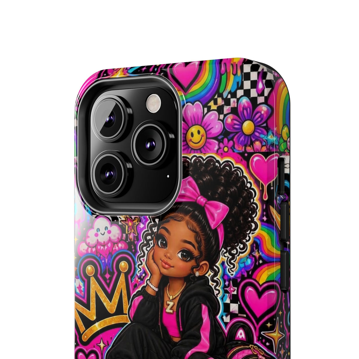 Cute Black Girl Phone Case Pink Crowned Girl, Hearts & Rainbow Tough Case