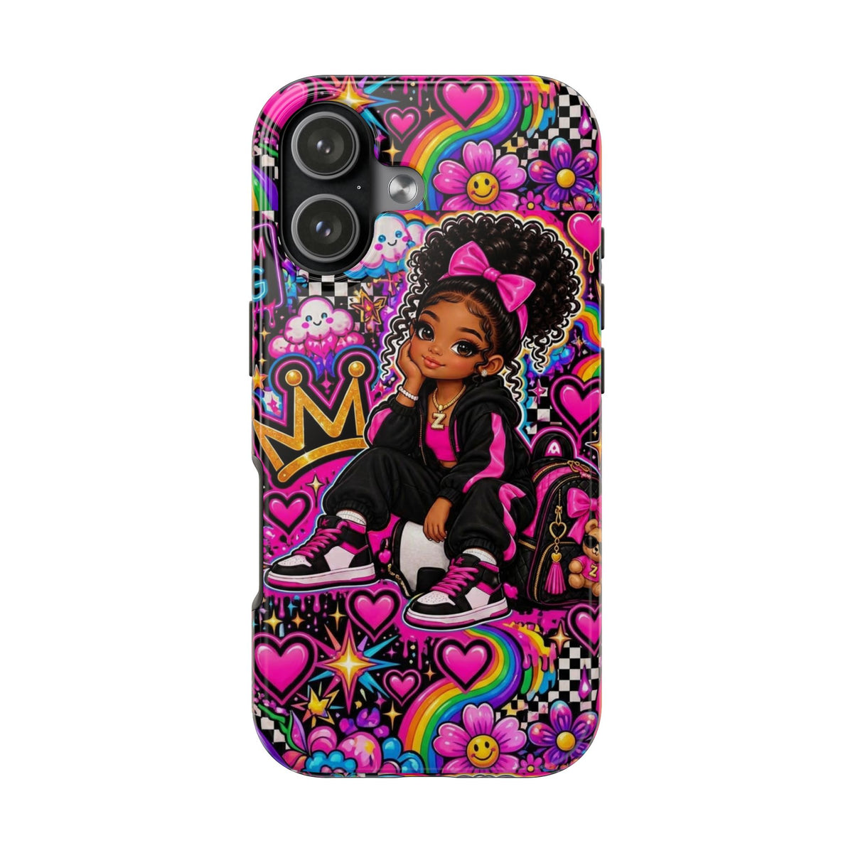 Cute Black Girl Phone Case Pink Crowned Girl, Hearts & Rainbow Tough Case