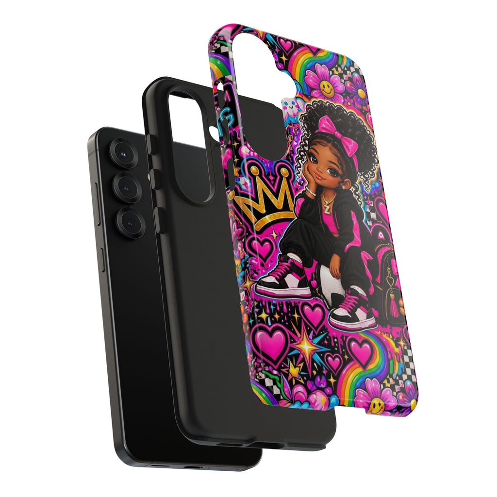 Cute Black Girl Phone Case Pink Crowned Girl, Hearts & Rainbow Tough Case