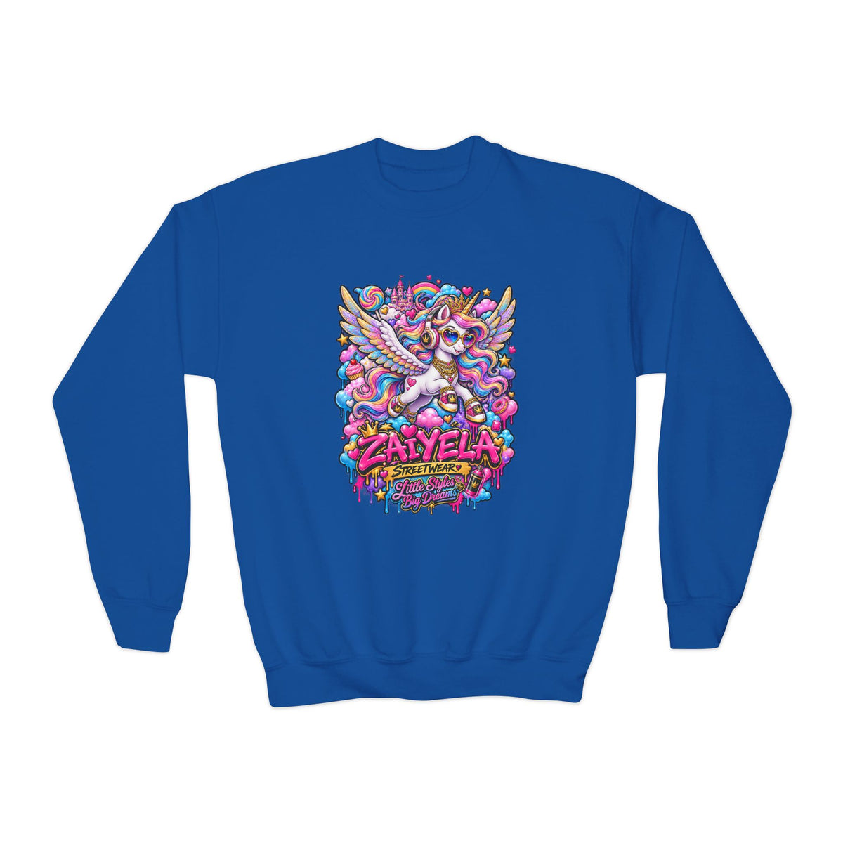 Youth Crewneck Sweatshirt — Colorful Cartoon Pegasus Design