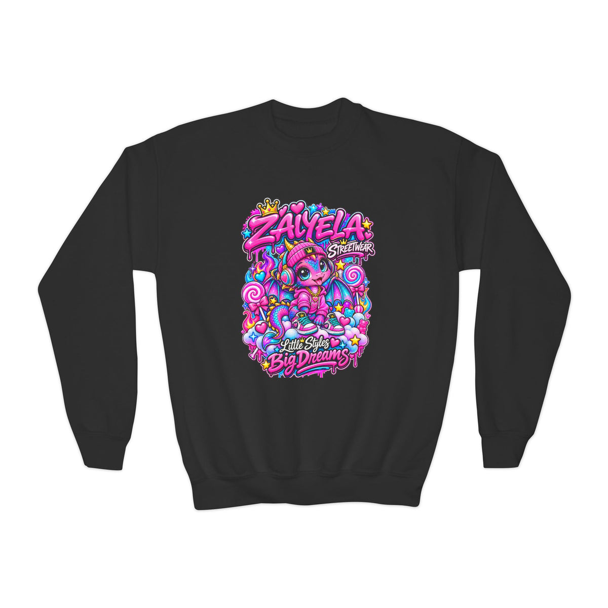 Youth Crewneck Sweatshirt — Colorful Kawaii 'Zalyela' Big Dreams Graphic