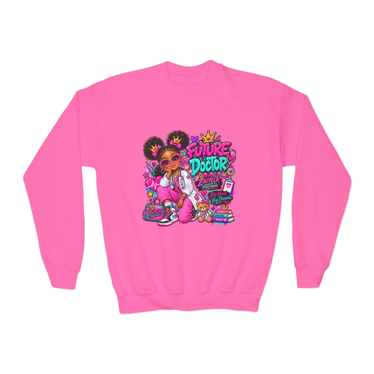 Youth Sweatshirt — "Future Doctor" Pink Graphic Crewneck Big Heart, Big Dreams